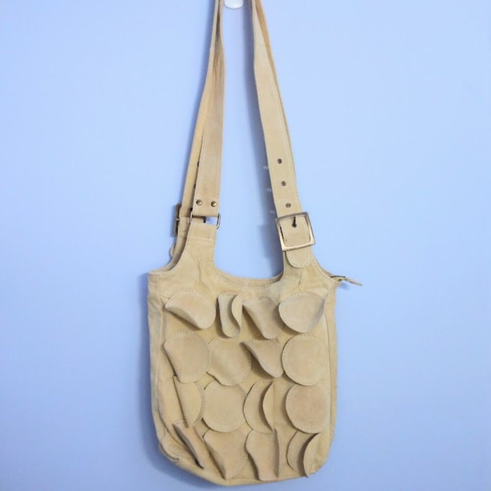 Lizden Suede Leather Hobo Bucket Bag Yellow Buckle Straps Bohemian 60s 70s Retro